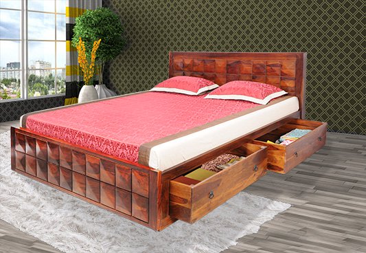 Sheesham Wood Diamond Bed with Storage – Design 2