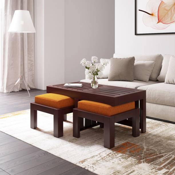 Sheesham Wood Coffee Table with 2 Stools – Design 4